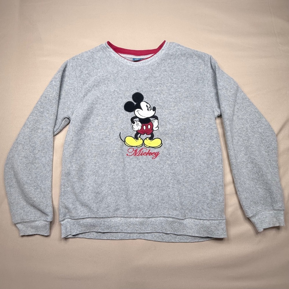 Vintage Disney Mickey Mouse Fleece Sweatshirt Gray Red Crew Neck Small AT3162